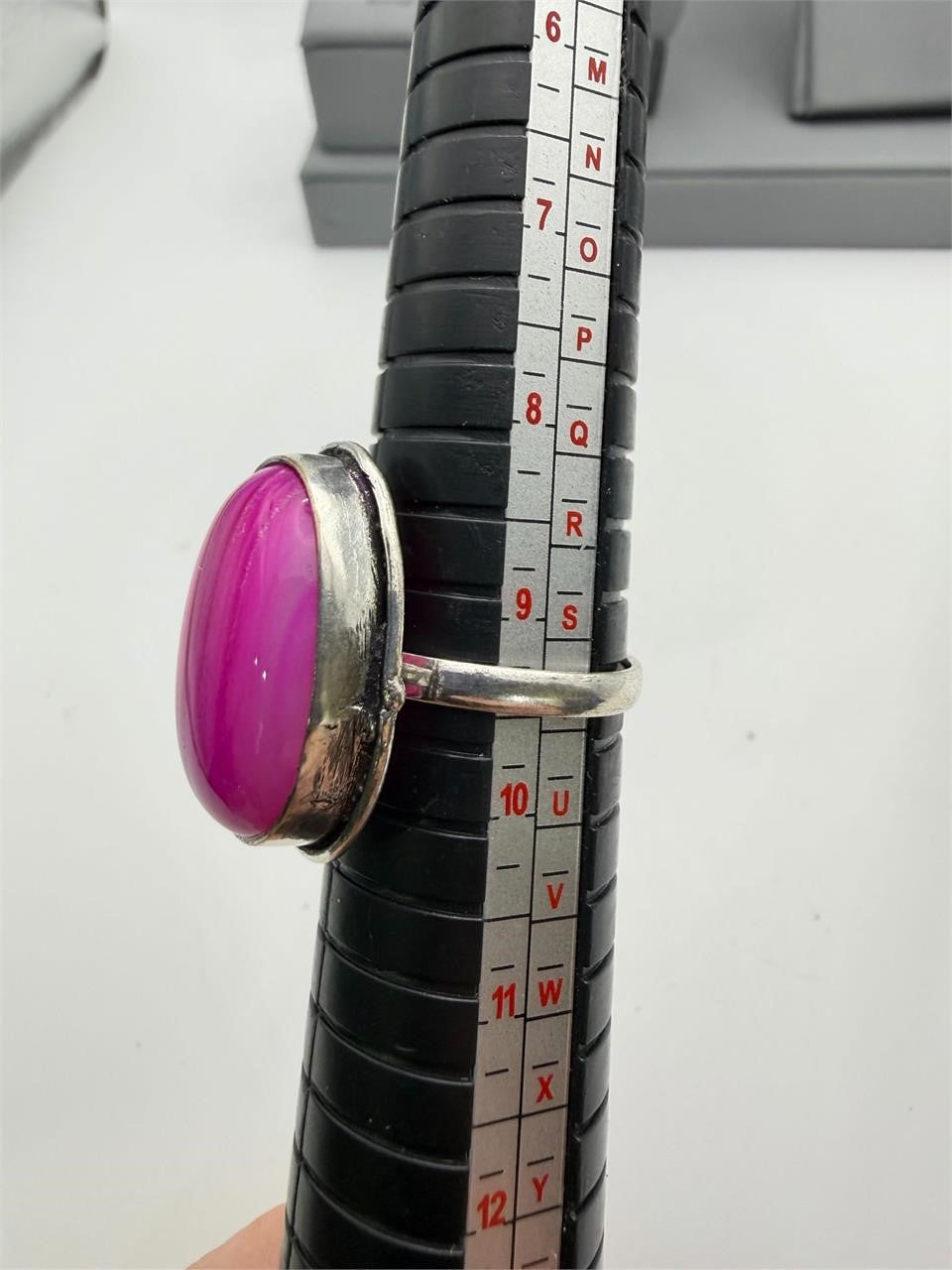 Sterling silver pink dyed oval agate stone ring in size 9.5 with polished finish, crafted by Republic Mercantile.