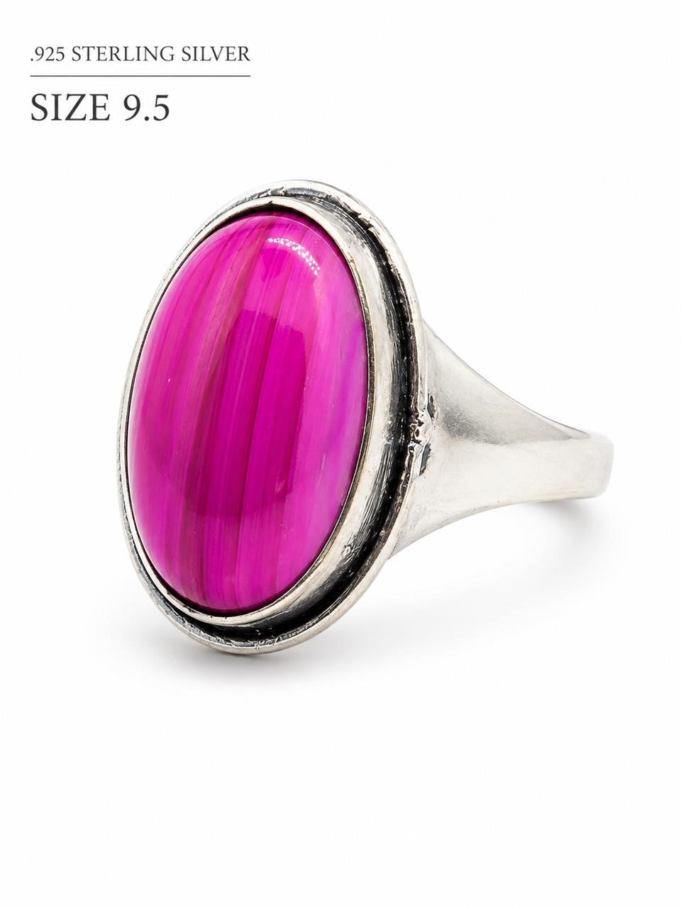 Sterling silver pink dyed oval agate stone ring in size 9.5 by Republic Mercantile, showcasing a polished oval gemstone setting.
