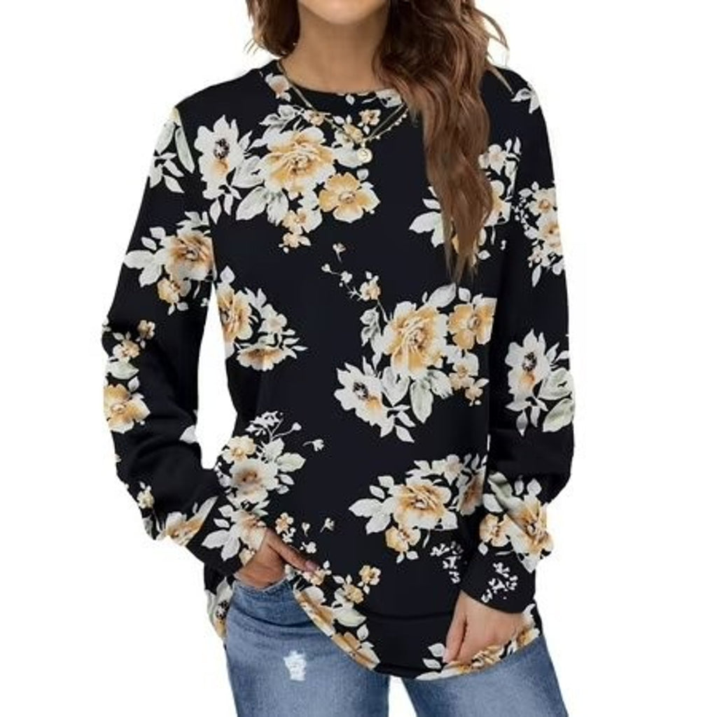 Fantaslook women's casual long sleeve crewneck shirt in size L, soft fabric, relaxed fit, light color, worn by a model.