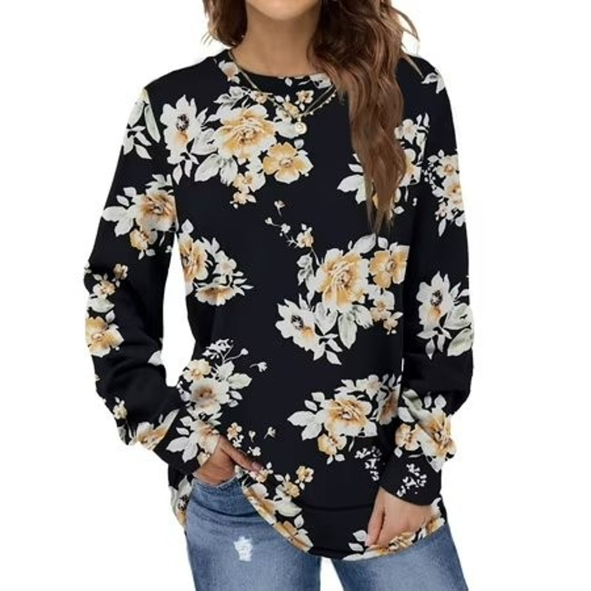 Fantaslook women's casual long sleeve crewneck shirt in size L, soft fabric, relaxed fit, light color, worn by a model.