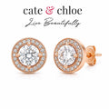 Cate & Chloe rose gold and moissanite earrings featuring sparkling stones and delicate design, perfect for elegant jewelry.