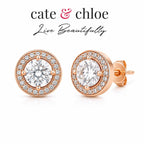 Cate & Chloe rose gold and moissanite earrings featuring sparkling stones and delicate design, perfect for elegant jewelry.