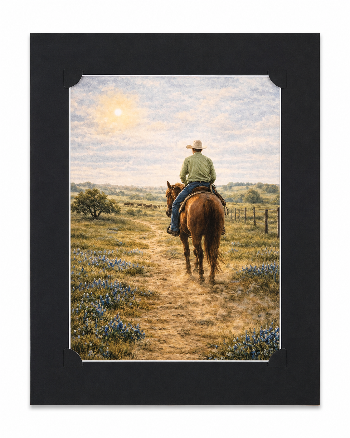 Texas Heritage Series cowboy art in 8x10 inch print with mat folder by Republic Mercantile, showcasing Western cowboy scene.