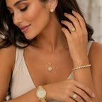 Gold tone 6-piece jewelry set including watch, bracelet, ring, necklace, and earrings from Republic Mercantile, displayed together.