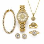 Gold tone jewelry set including watch, bracelet, ring, necklace, and earrings from Republic Mercantile displayed together.