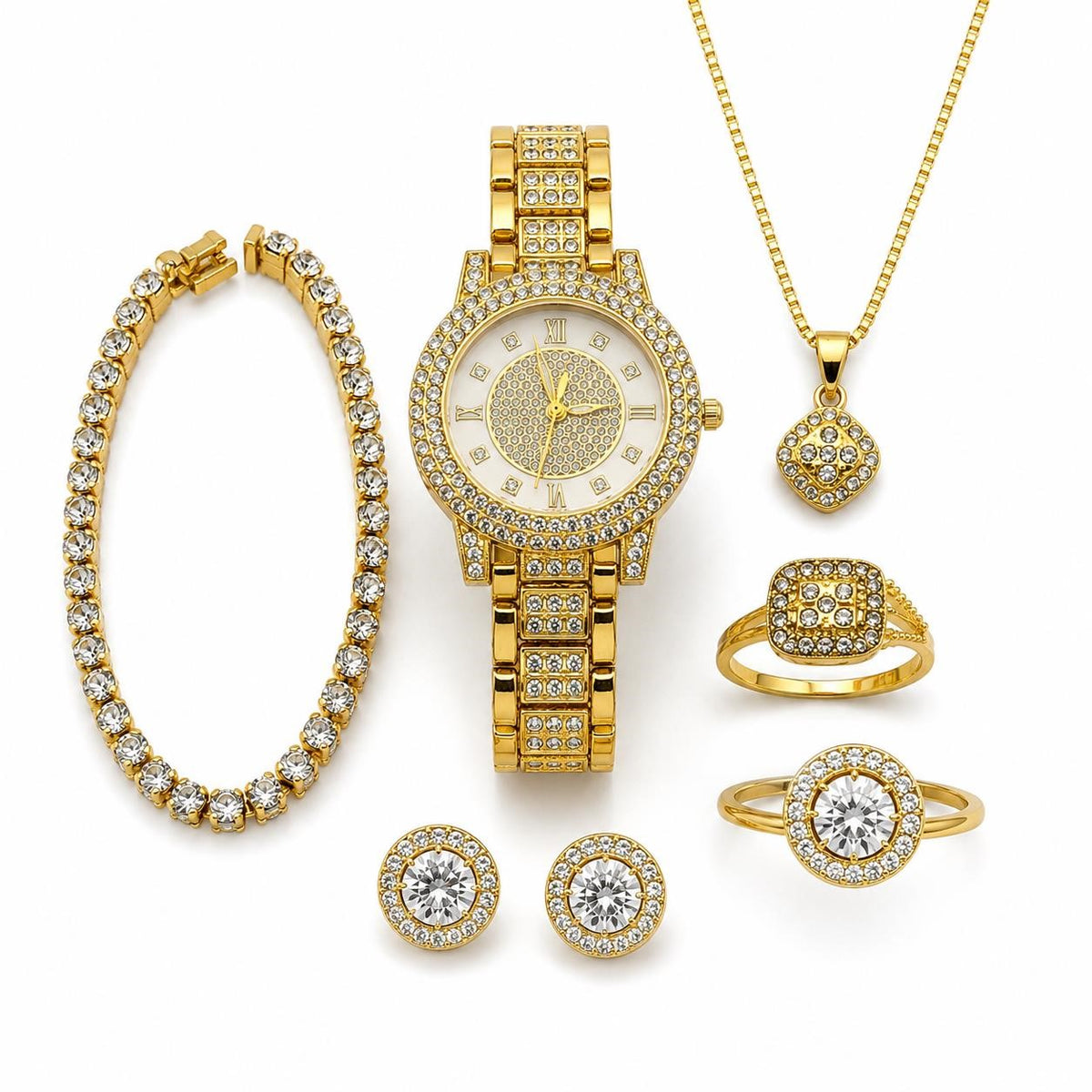 Gold tone jewelry set including watch, bracelet, ring, necklace, and earrings from Republic Mercantile displayed together.