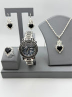 Matching jewelry set including watch, ring, necklace, and earrings from Republic Mercantile, featuring coordinated designs.