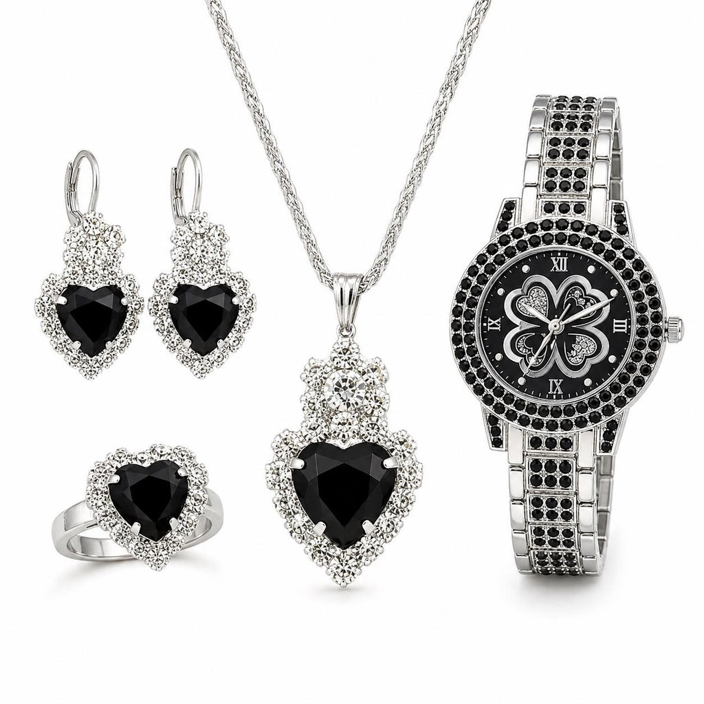Set of matching watch, ring, necklace, and earrings by Republic Mercantile featuring coordinated jewelry pieces on display.