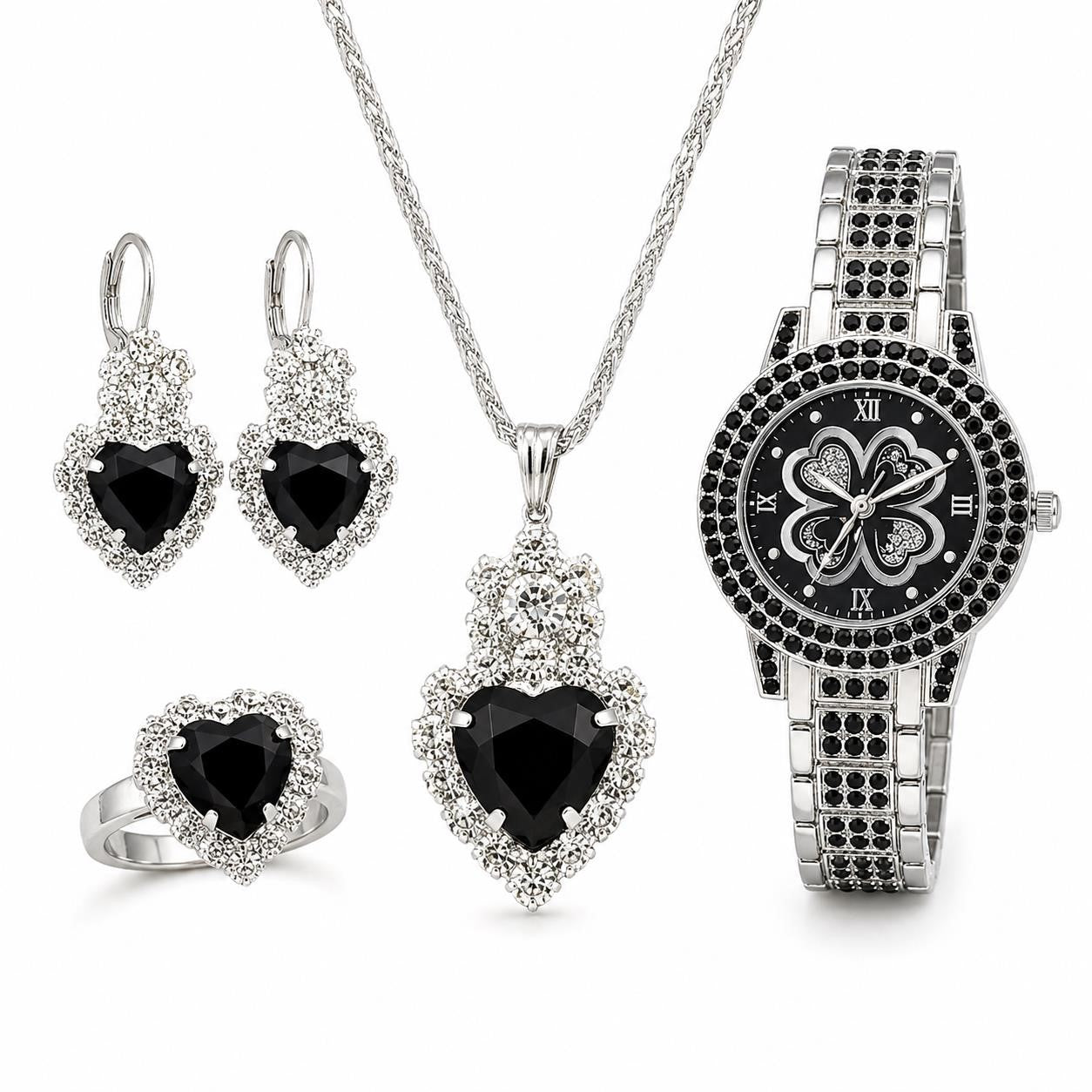 Set of matching watch, ring, necklace, and earrings by Republic Mercantile featuring coordinated jewelry pieces on display.