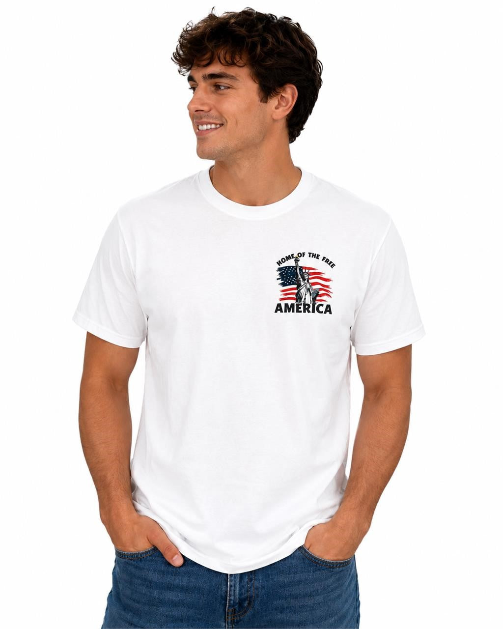 White Republic Mercantile Home of the Free T-Shirt in size M, showing front view with printed design and soft cotton fabric.
