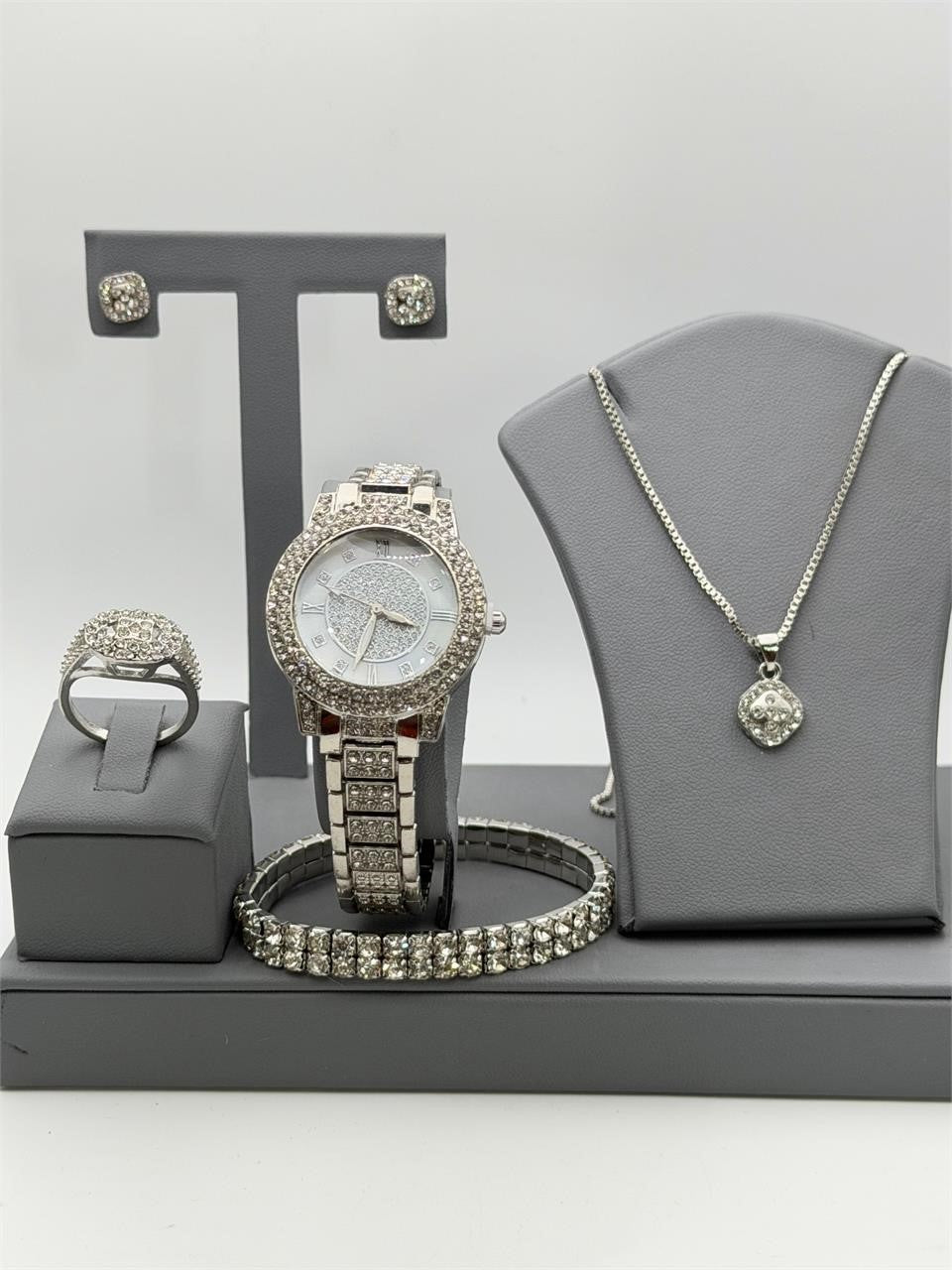 Six-piece matching jewelry set including watch, bracelet, ring, and necklace by Republic Mercantile, displayed on a white background.