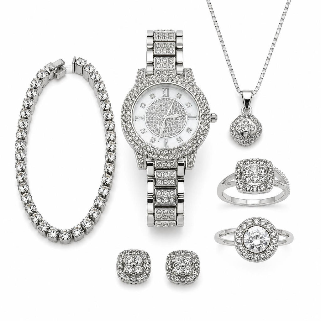 Six-piece matching jewelry set including watch, bracelet, ring, and necklace from Republic Mercantile, displayed on a neutral background.