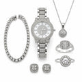 Six-piece matching jewelry set including watch, bracelet, ring, and necklace from Republic Mercantile, displayed on a neutral background.