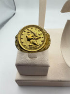 Men's gold tone ring featuring a 1902 coin design, size 11, by Republic Mercantile, showcasing the detailed coin and band.