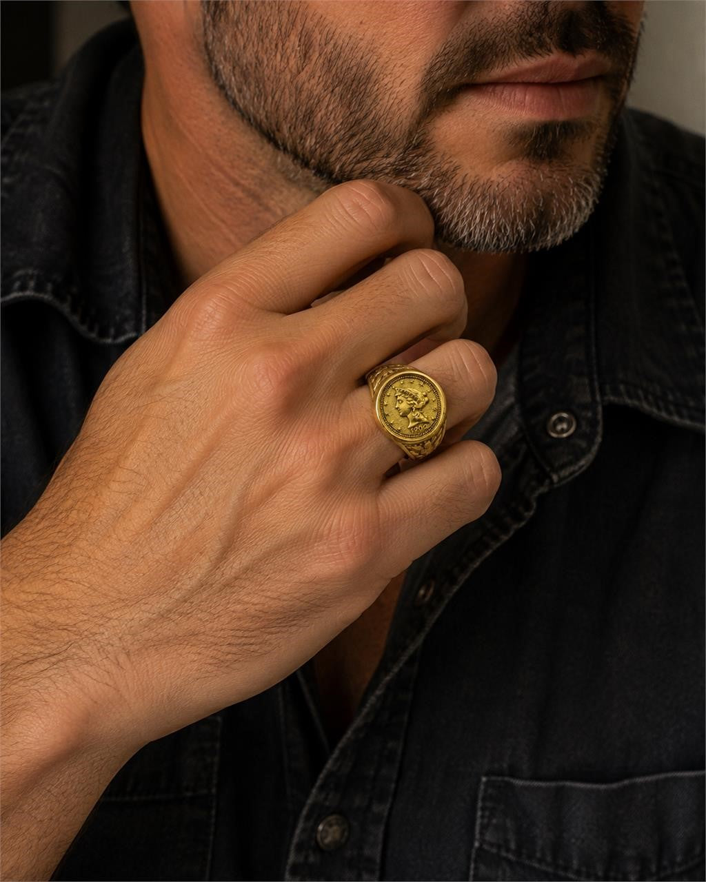 Men's gold tone ring featuring a 1902 coin design, size 11, from Republic Mercantile. Classic vintage style jewelry.