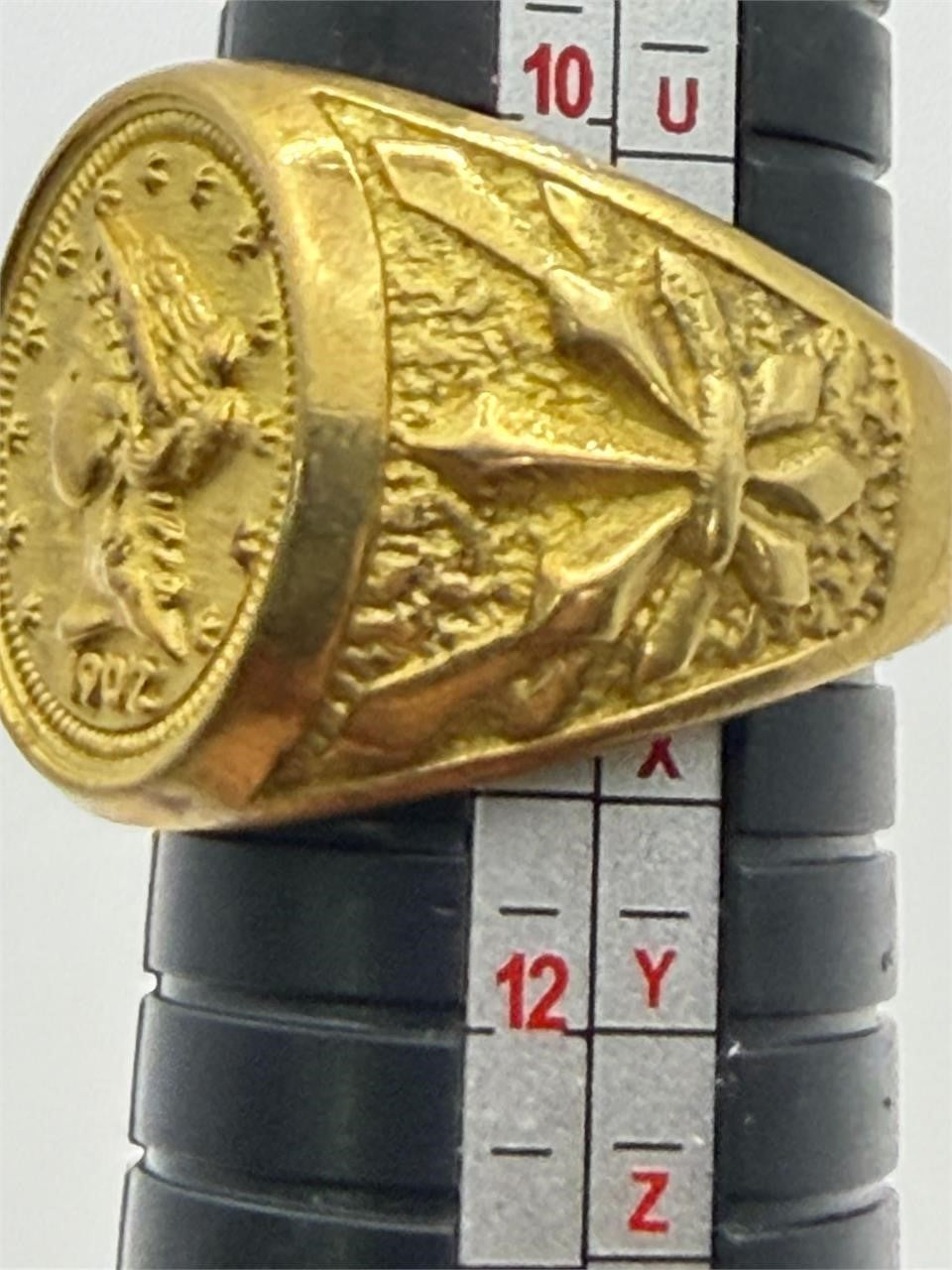 Men's gold-tone coin ring featuring the 1902 coin design, size 11, by Republic Mercantile.