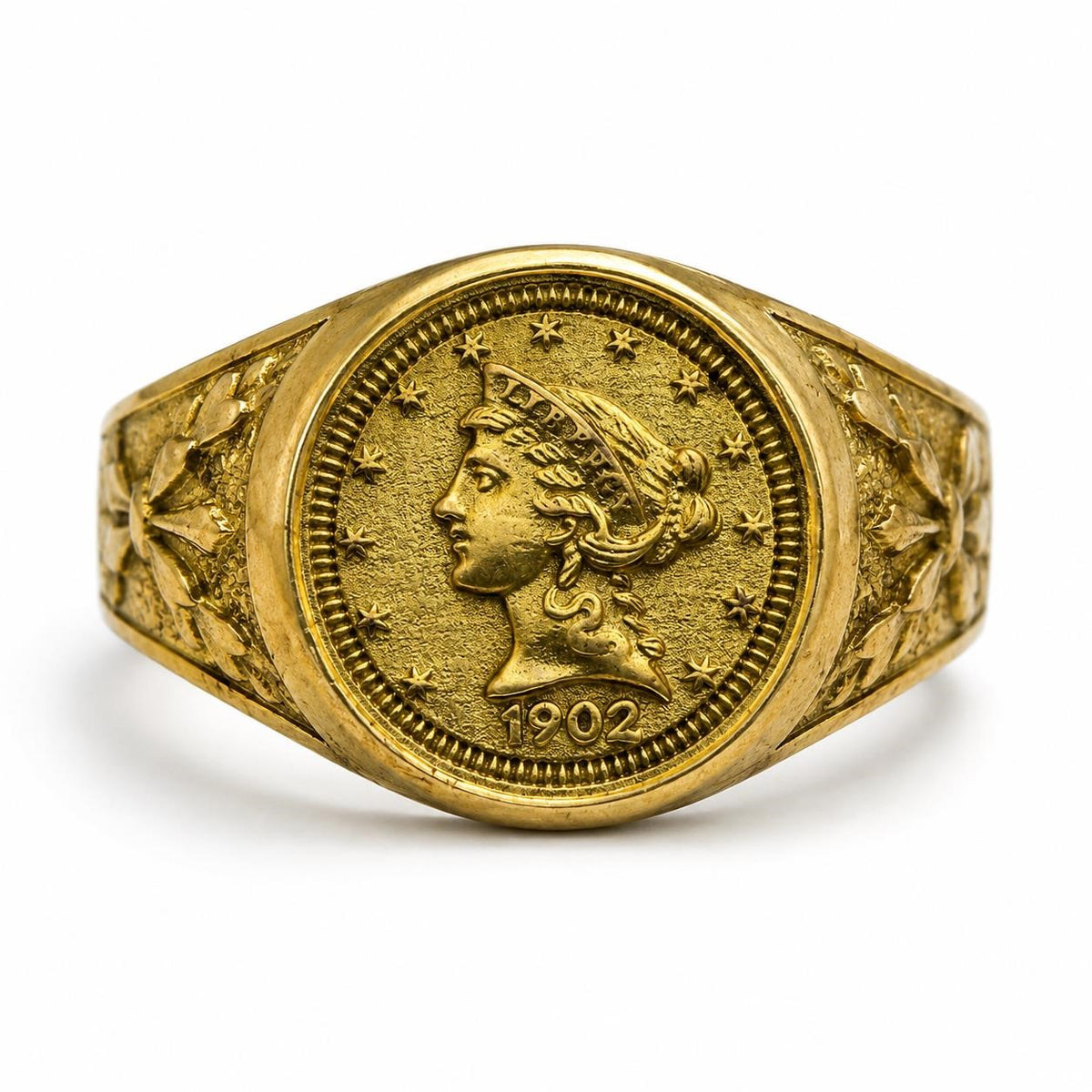 Men's gold tone ring featuring a 1902 coin design, size 11, from Republic Mercantile, showcasing detailed craftsmanship and vintage style.