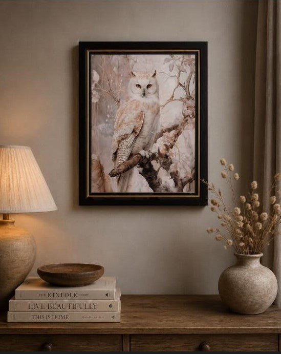 Snowy owl art print on canvas with 16x20 mat, featuring detailed snowy owl image in natural setting.