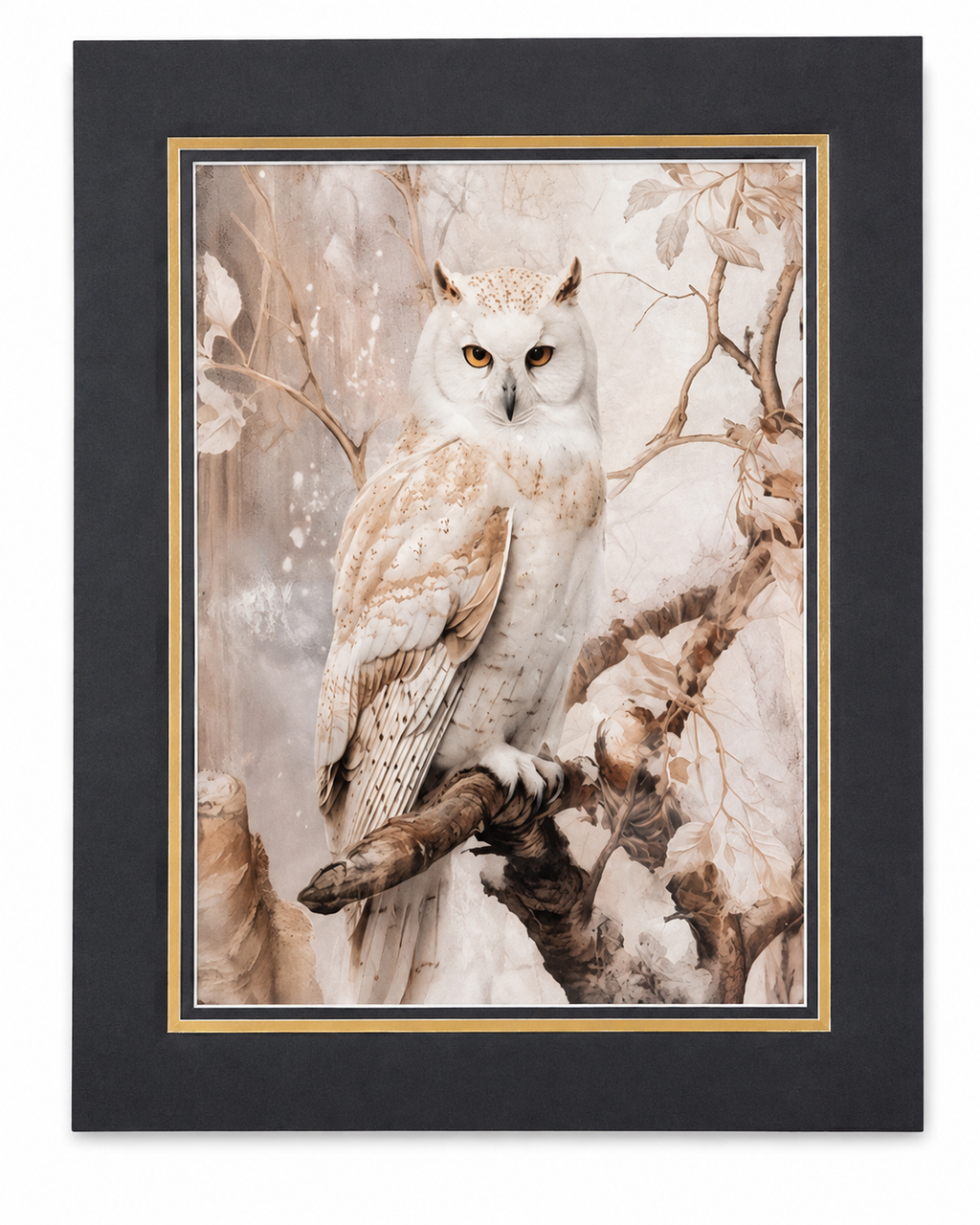 Snowy owl art print on canvas with 16x20 mat, featuring detailed snowy owl illustration, by Republic Mercantile.