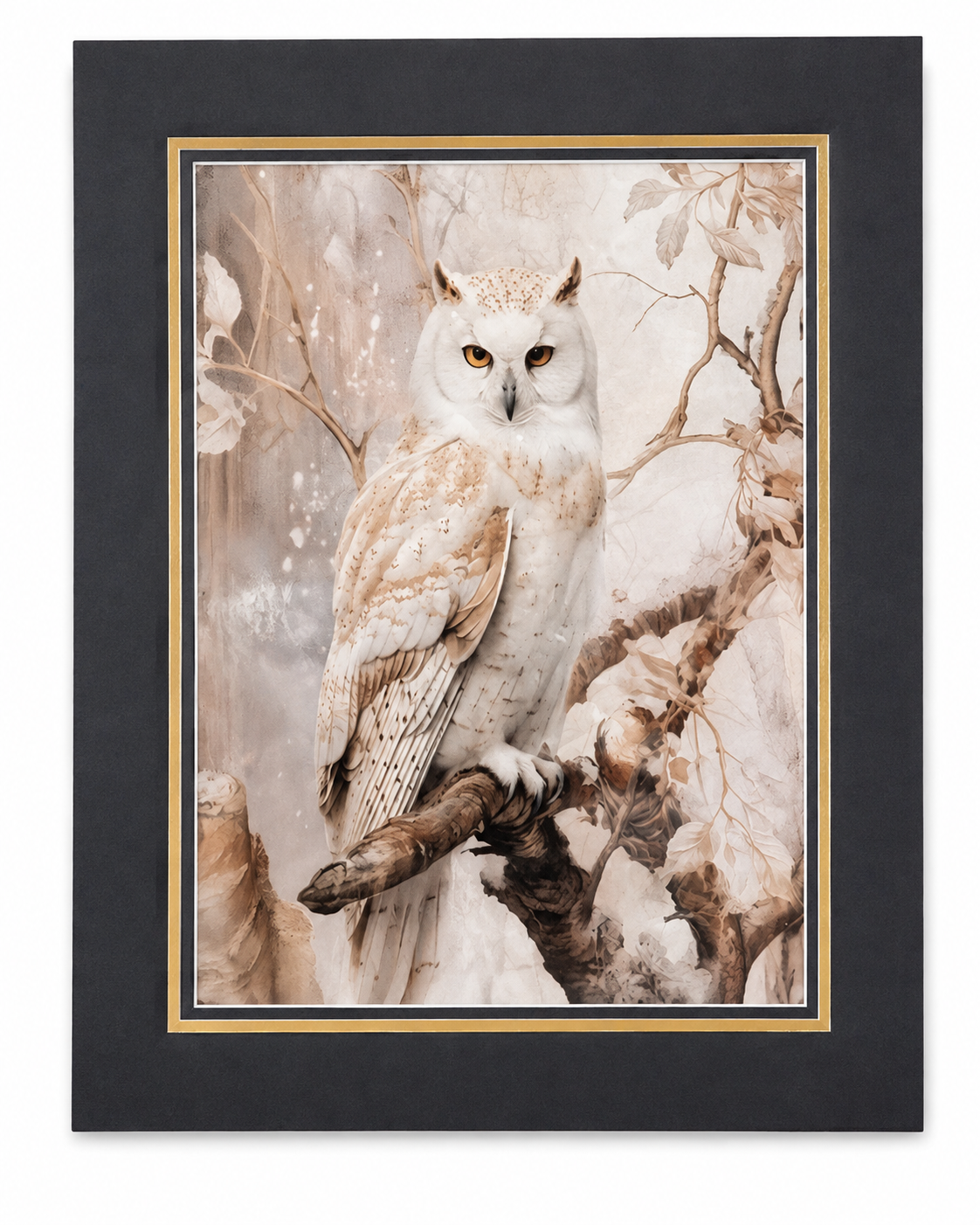 Snowy owl art print on canvas with 16x20 mat, featuring detailed snowy owl illustration, by Republic Mercantile.