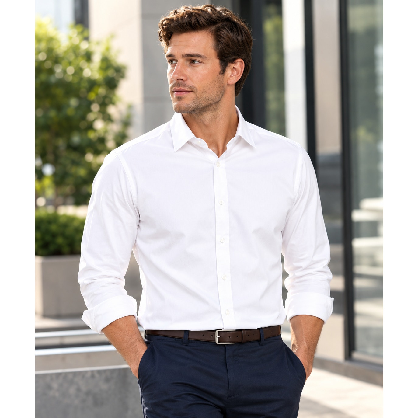 Men's White Button-Down Dress Shirt Size L-Tall