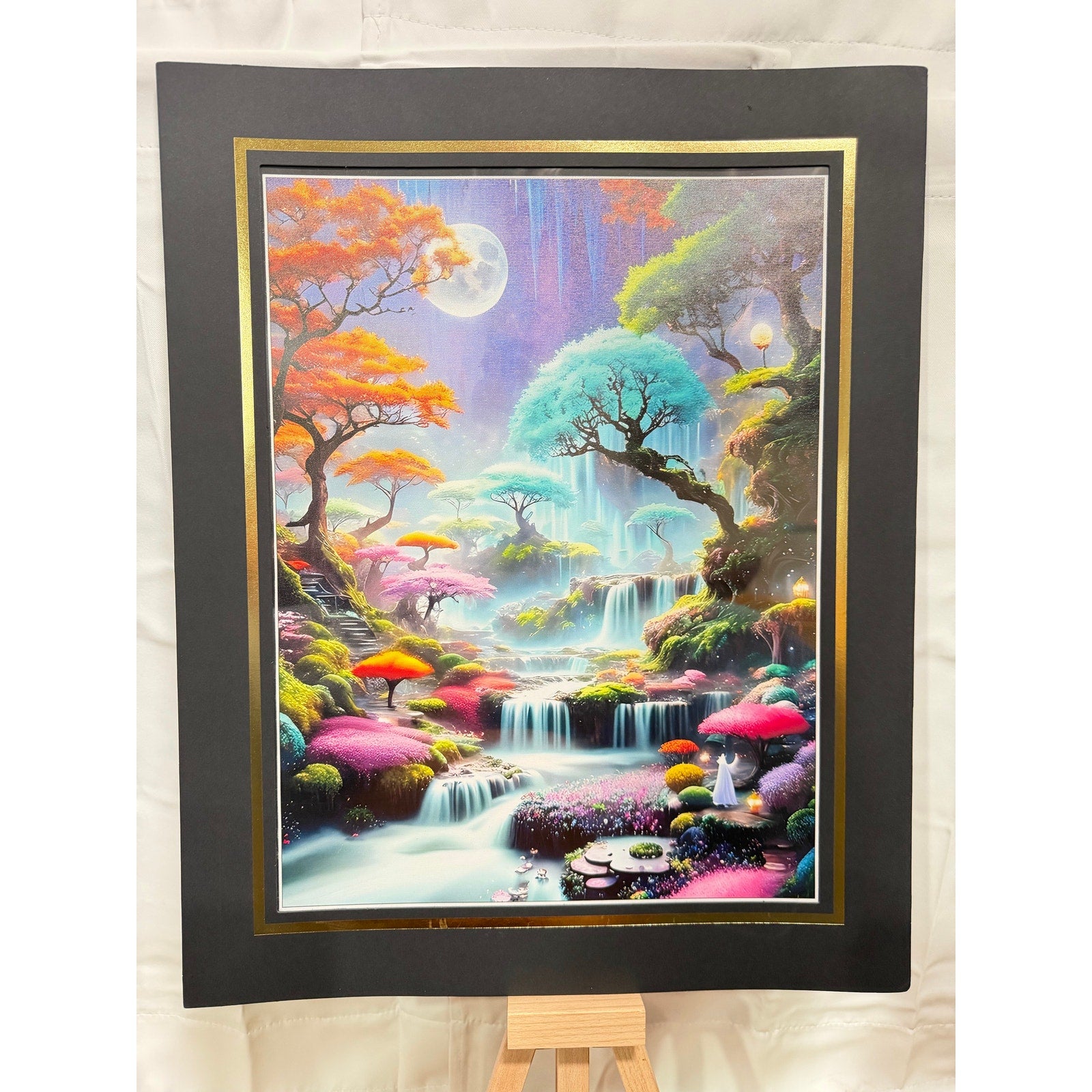 Neon waterfalls art print on canvas, 12x16 inches with 16x20 mat, by Republic Mercantile, featuring vibrant waterfall scene.