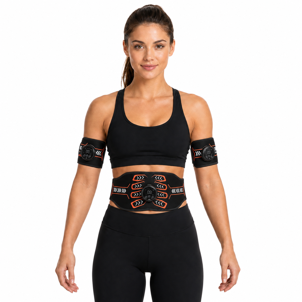 Electric muscle stim device for fat burning massage by Republic Mercantile, showing the handheld unit and gel pads.