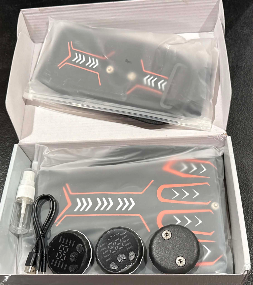 Electric muscle stim fat burning massage device by Republic Mercantile, showing pads and control unit for muscle toning and fat reduction.