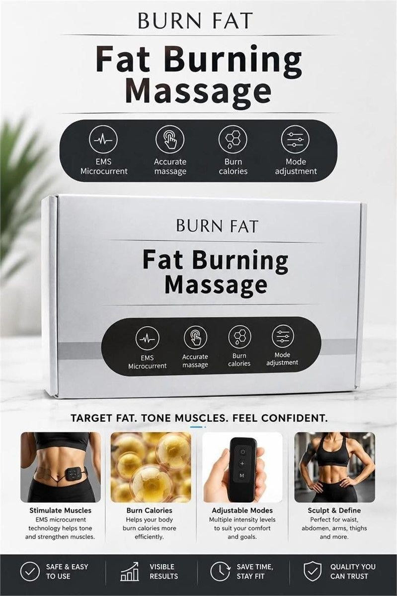 Electric muscle stim fat burning massage device from Republic Mercantile, showing the handheld unit and electrode pads on skin.