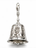Silver Bell collectible by Republic Mercantile, featuring a shiny silver bell with intricate detailing on a plain background.