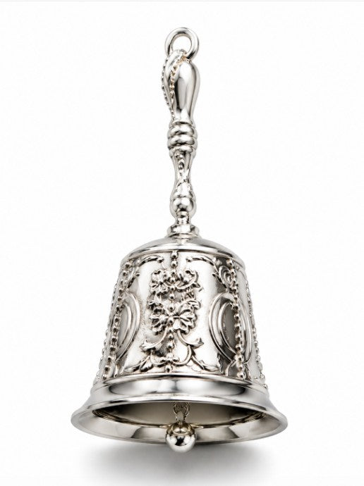 Silver Bell collectible by Republic Mercantile, featuring a shiny silver bell with intricate detailing on a plain background.