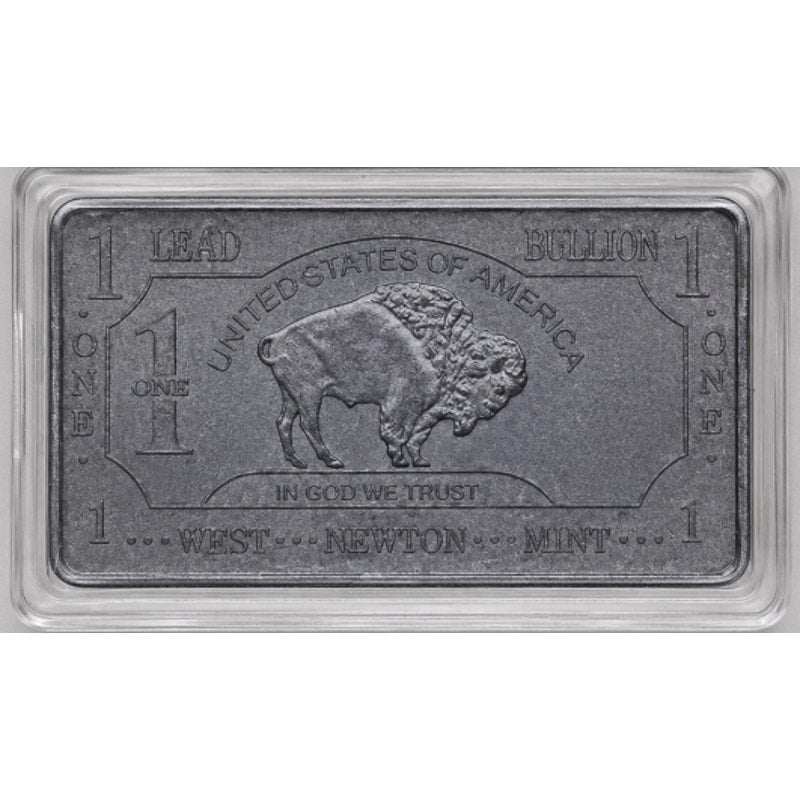Troy oz Lead Collectible Bar in case by CMC Mint, featuring detailed engravings and a protective display case.
