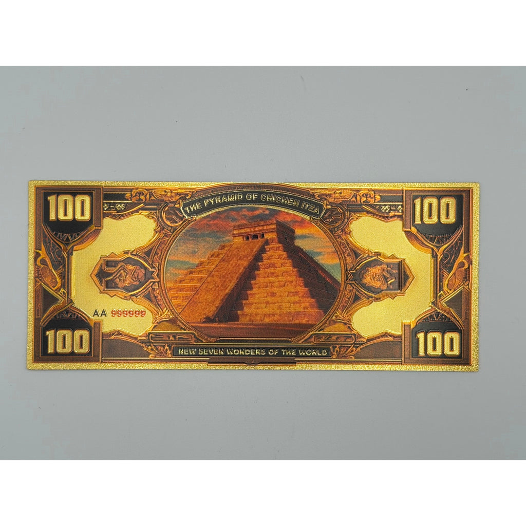 Set of seven gold foiled novelty notes featuring the 7 Wonders of the World by Republic Mercantile, displayed on a white background.
