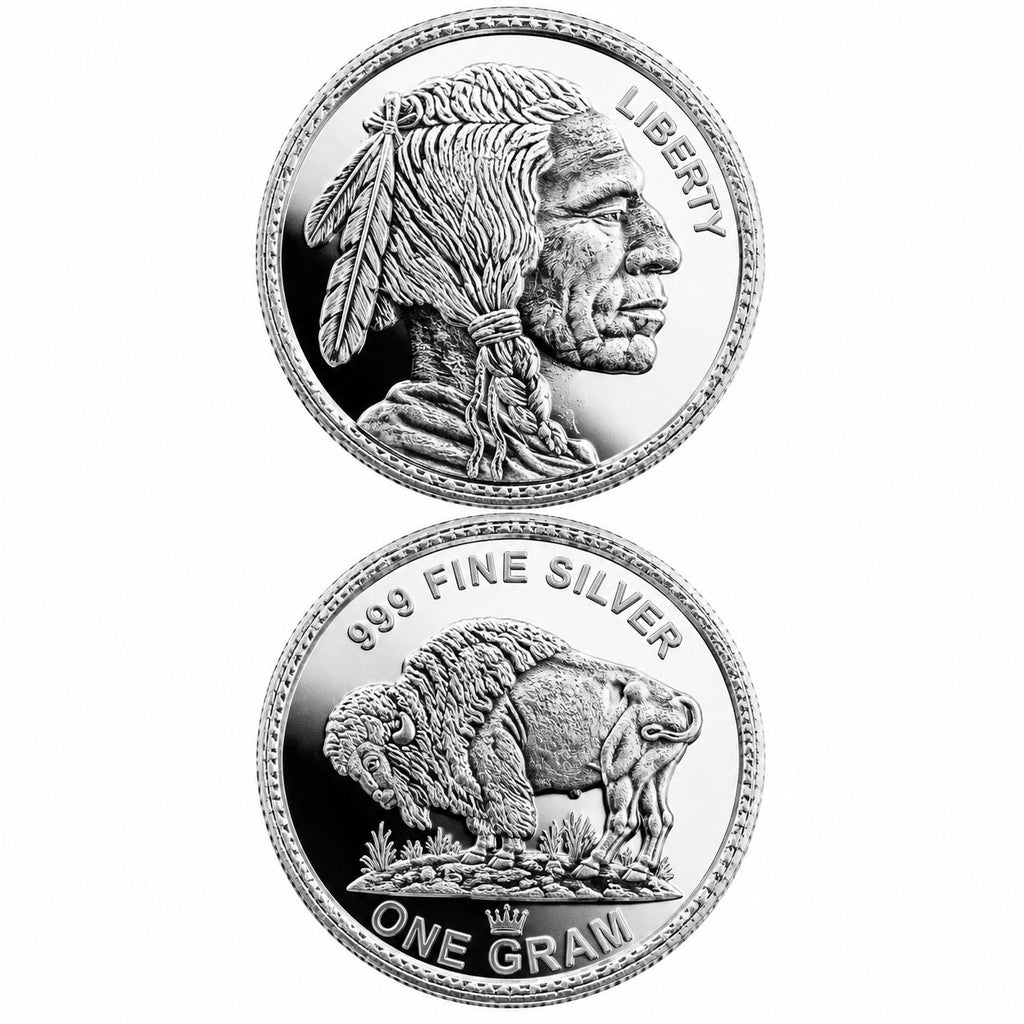 Republic Mercantile 1g .999 fine silver collectible coin featuring a Buffalo Nickel design on a reflective surface.