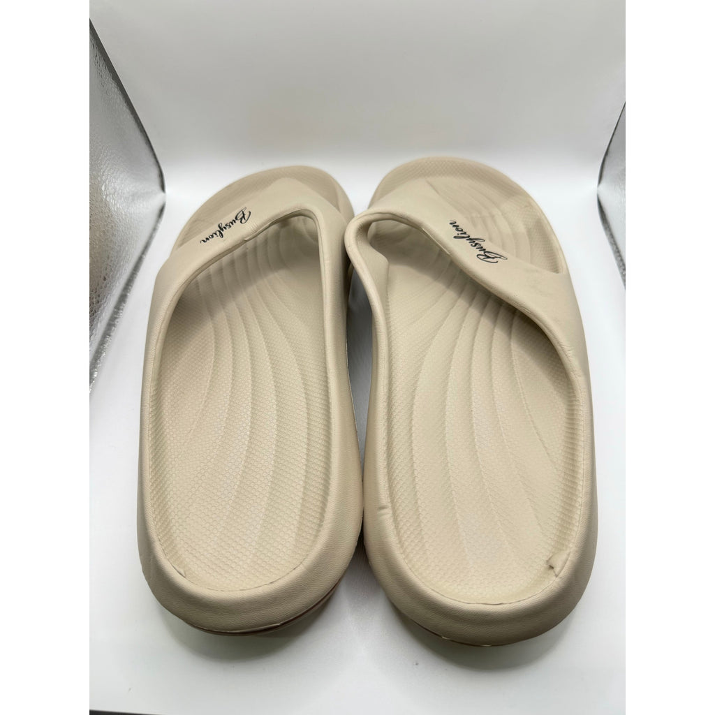 Busylion beige unisex slip-on comfort slides for men, size 9.5, featuring a casual design with cushioned footbed and easy slip-on style.