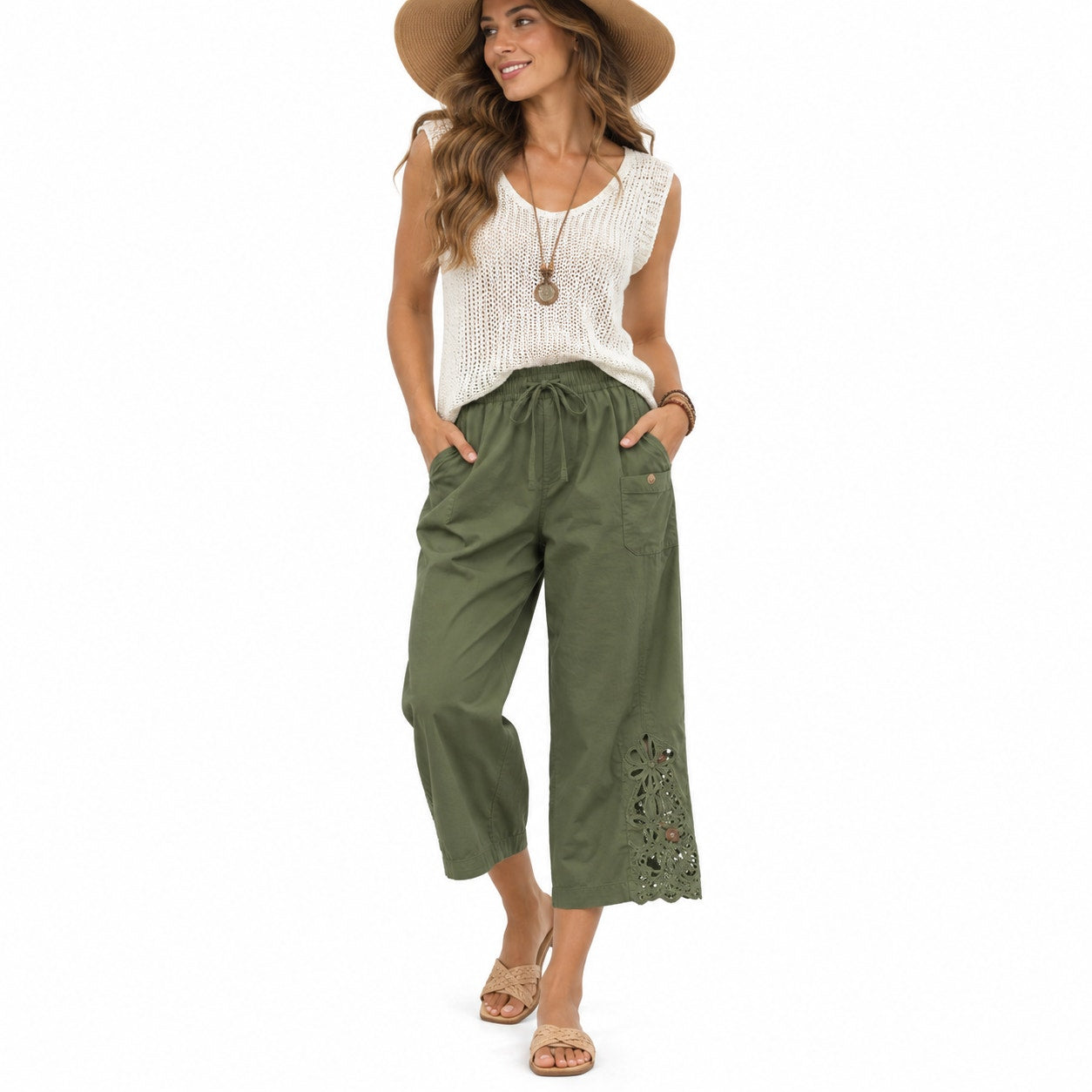 Lightweight cotton women's casual pants by Dokotoo with drawstring waist and elastic band, size M, shown in a natural pose.