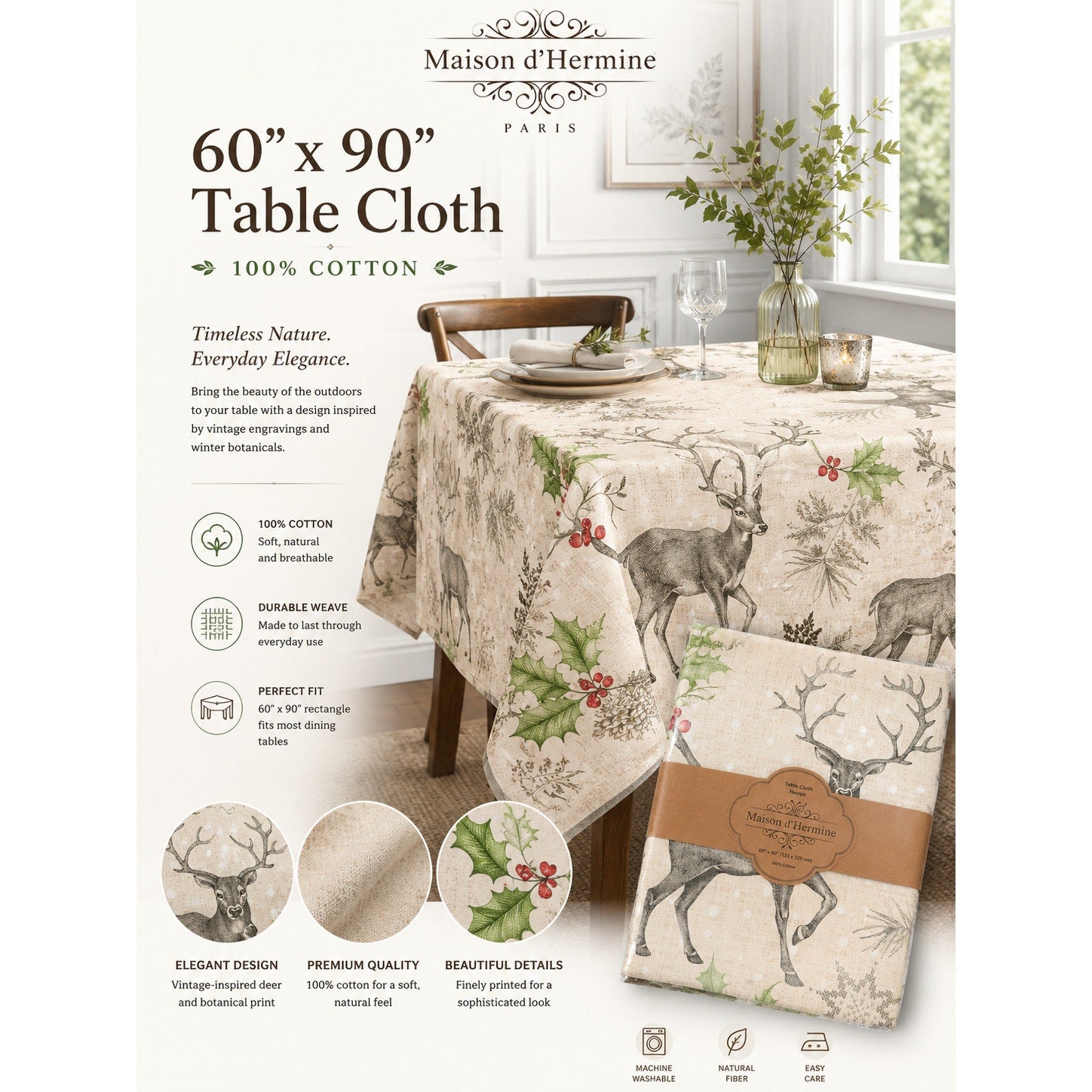 NEW Maison d'Hermine 60"x90" Cotton Tablecloth