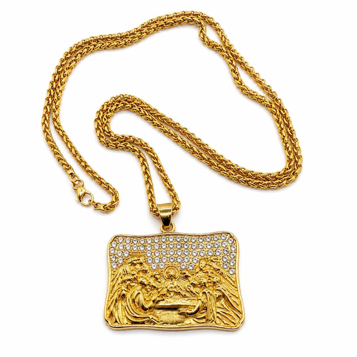 Gold pendant of the Last Supper design with a long chain necklace, featuring detailed religious artwork from Republic Mercantile.