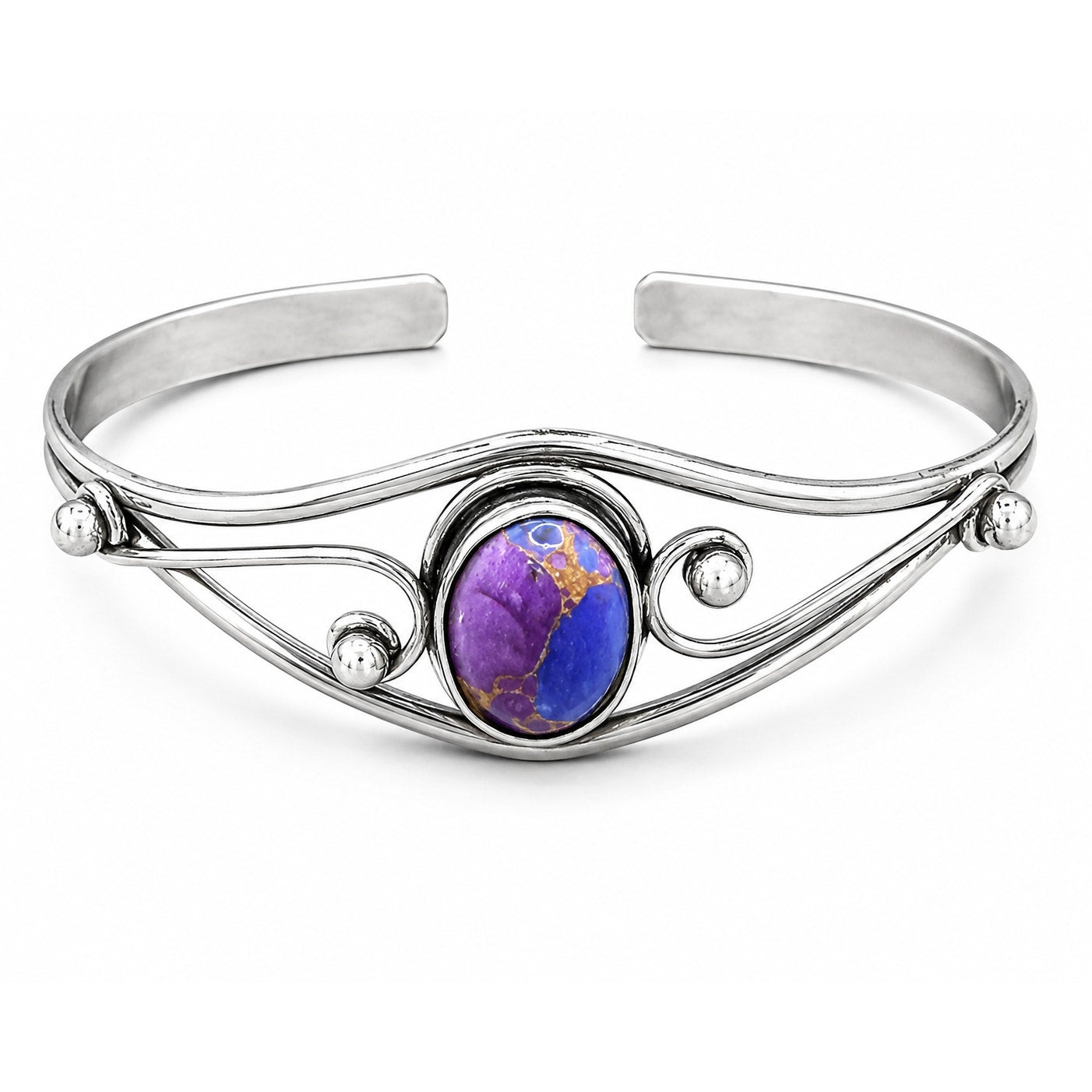 Silver plated bangle gem bracelet by Republic Mercantile, featuring handcrafted design with embedded colorful gemstones.