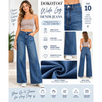 DOKOTOO women's high-waisted wide-leg jeans in stretchy denim with raw frayed hem and size 10.