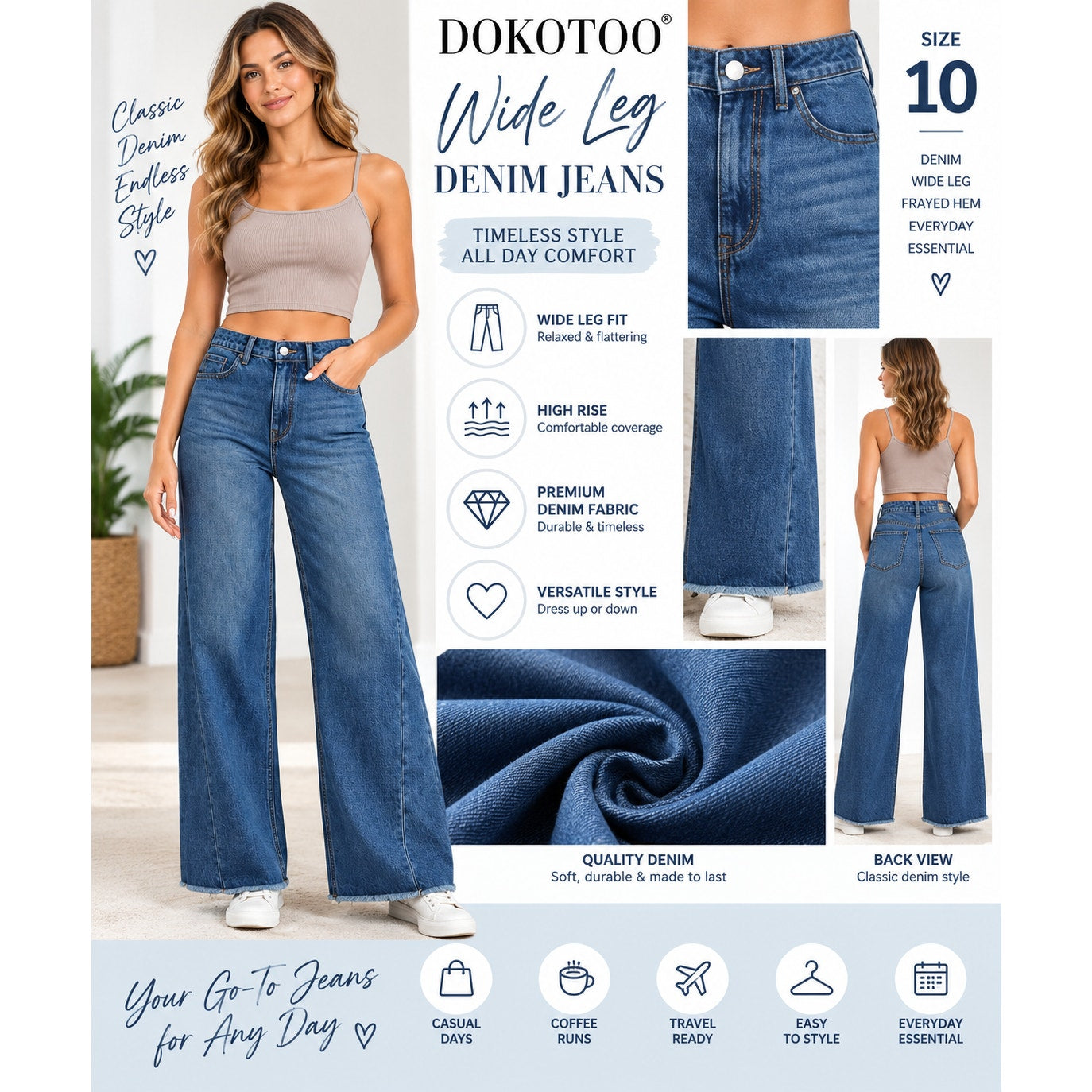 DOKOTOO women's high-waisted wide-leg jeans in stretchy denim with raw frayed hem and size 10.
