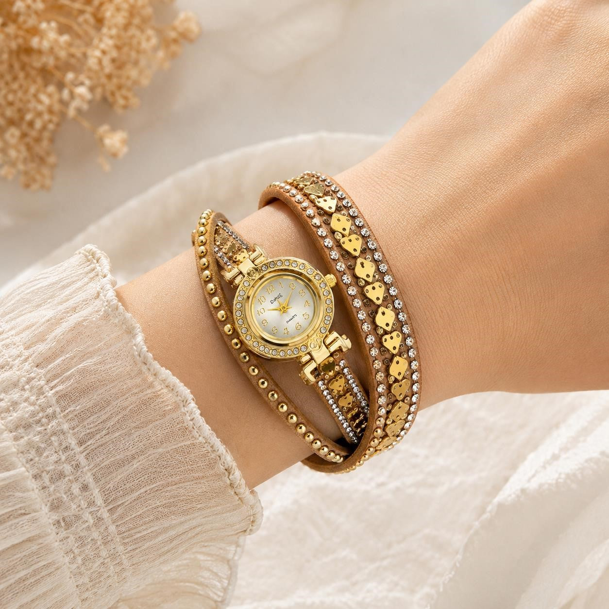 Ladies boho bejeweled wrap watch by Republic Mercantile featuring a stylish strap and sparkling watch face.