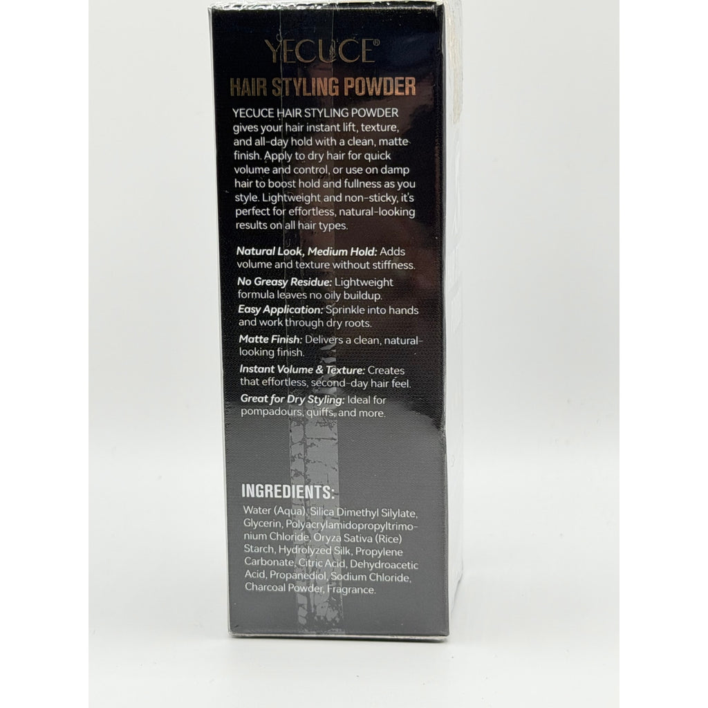 Yecuce hair styling power volume powder in 1.05 oz container, showing the product's packaging and powder texture.