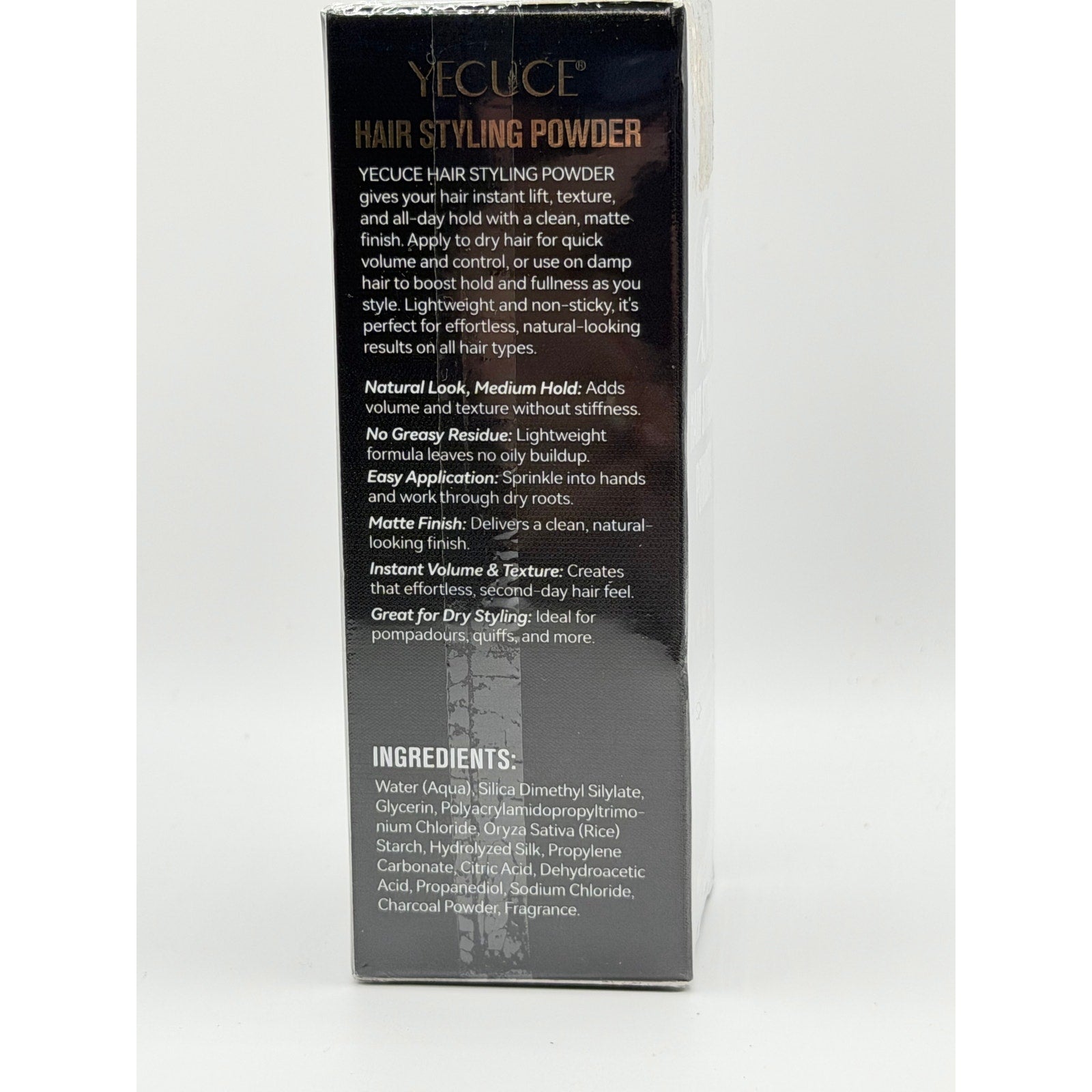 Yecuce hair styling power volume powder in 1.05 oz container, showing the product's packaging and powder texture.