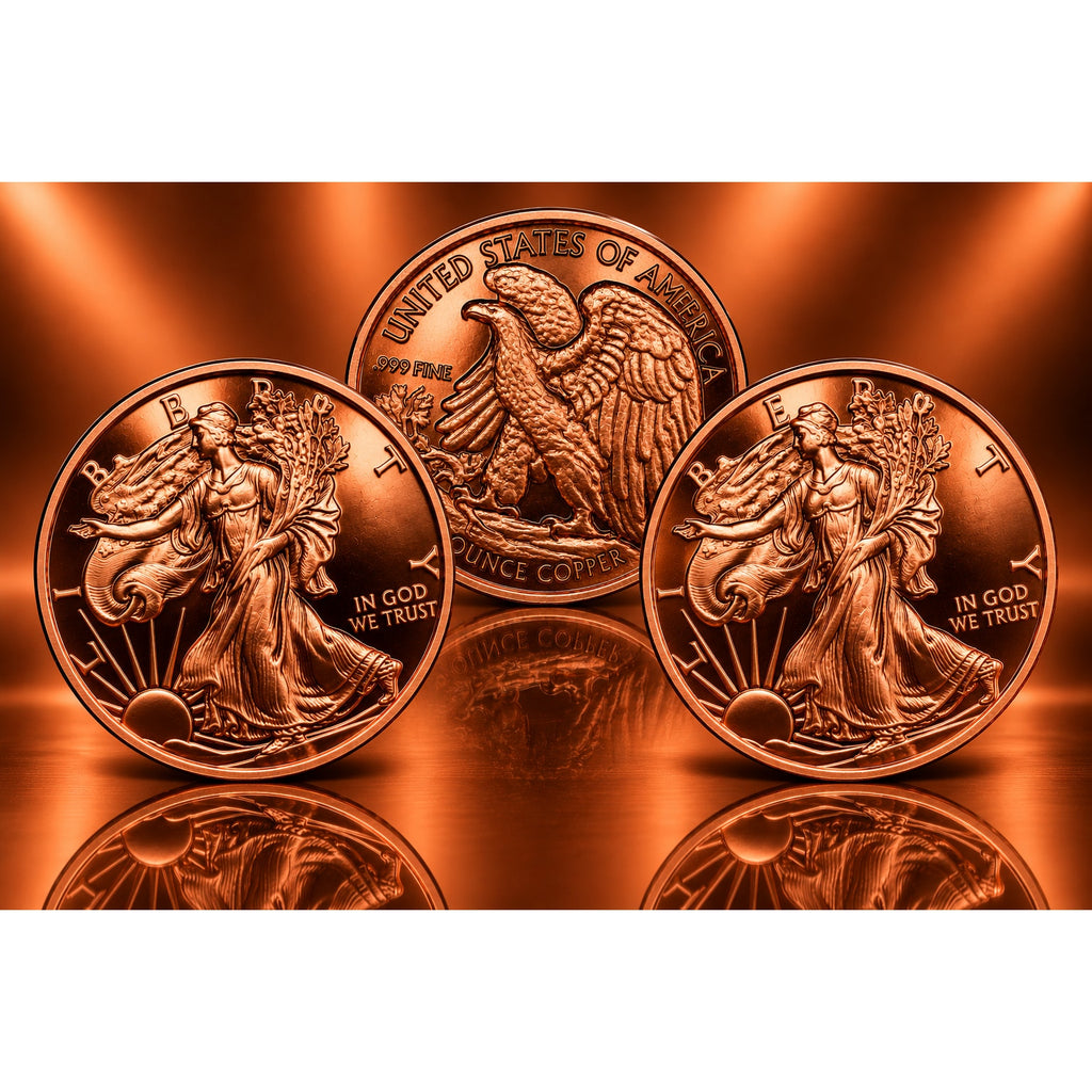 Set of three Republic Mercantile 1 oz .999 copper bullion ingots featuring Walking Liberty design, showcasing detailed American coin imagery.