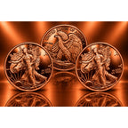 Set of three Republic Mercantile 1 oz .999 copper bullion ingots featuring Walking Liberty design, showcasing detailed American coin imagery.