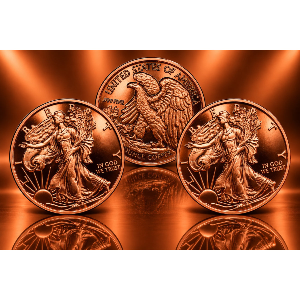 Set of three Republic Mercantile 1 oz .999 copper bullion ingots featuring Walking Liberty design, showcasing detailed American coin imagery.