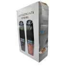 Azdele gravity electric salt and pepper mill set with stainless steel and transparent acrylic bodies, automatic grinding mechanism.