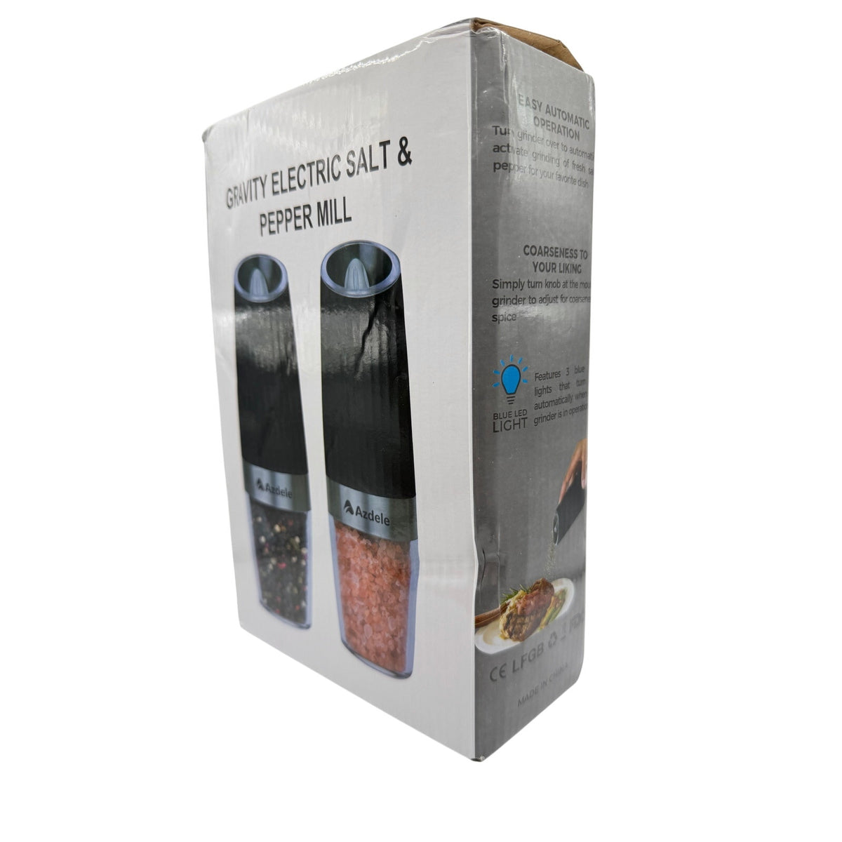 Azdele gravity electric salt and pepper mill set with stainless steel and transparent acrylic bodies, automatic grinding mechanism.
