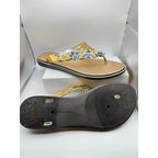 Bejeweled women's gold sandals with bling details, size US 9-9.5, featuring decorative straps and a stylish open-toe design.